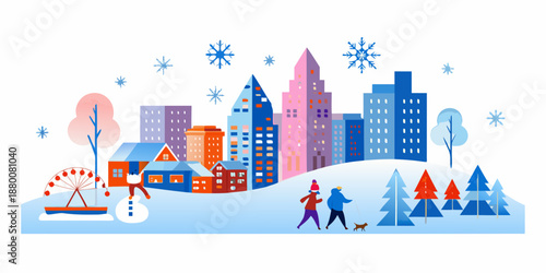 a colorful winter city scene with people walking and snowflakes falling
