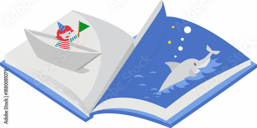 An open book depicts a whimsical underwater scene with a paper boat