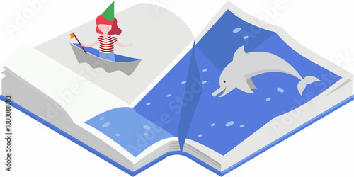 An open storybook reveals a whimsical scene of a girl boat and dolphin