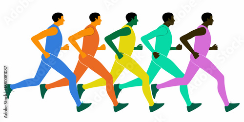 A vibrant illustration of five figures dynamically running in a line