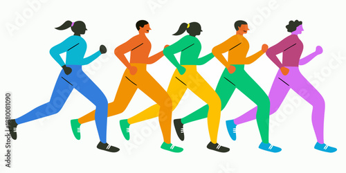 A group of people running depicted in vibrant colorful and minimalist illustration