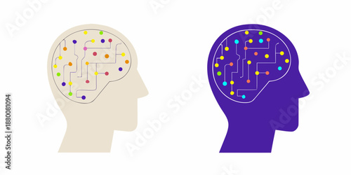 a creative brain comparison between a tan and purple head with colorful dots