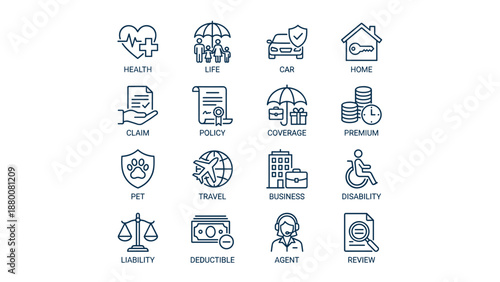 Insurance line icons set. Vector protection signs. Health life car home pet travel business liability. Claim policy premium agent risk management security. Thin outline style.