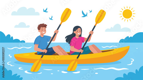 young couple rowing a yellow kayak on a sunny day on a lake