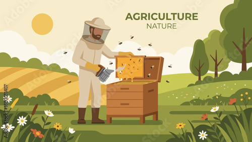 Beekeeper harvesting honey from hive flat vector illustration. Agriculture concept. Apiarist in protective suit holding honeycomb. Apiculture farm industry. Bees in summer meadow.