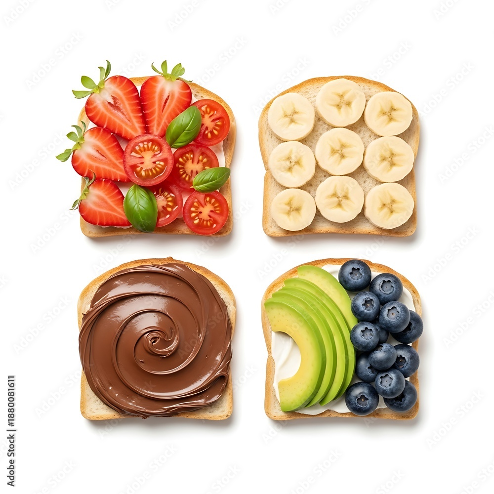 Fototapeta premium Four delicious toasts with various toppings isolated on white
