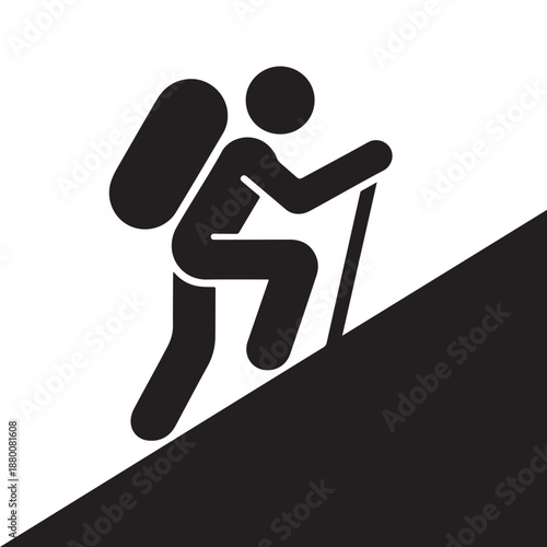 Silhouette of Hiker Climbing Mountain with Backpack and Trekking Pole – Adventure Outdoor Travel Icon.