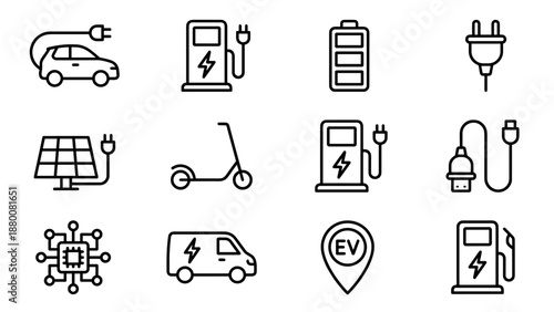 Electric vehicle line icons. EV charging station symbols. Eco car, scooter, van, battery, plug, solar. Green energy power. Sustainable mobility technology. Minimalist vector outline.