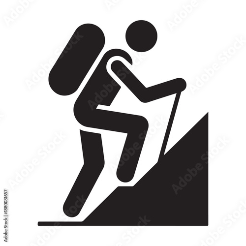 Silhouette of Hiker Climbing Mountain with Backpack and Trekking Pole – Adventure Outdoor Travel Icon.