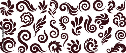 Set of detailed black  swirling, curling, and spiral motifs, bold black silhouette, decorative swirl and spiral against a white background. 