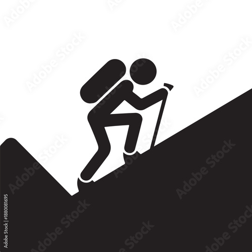 Silhouette of Hiker Climbing Mountain with Backpack and Trekking Pole – Adventure Outdoor Travel Icon.