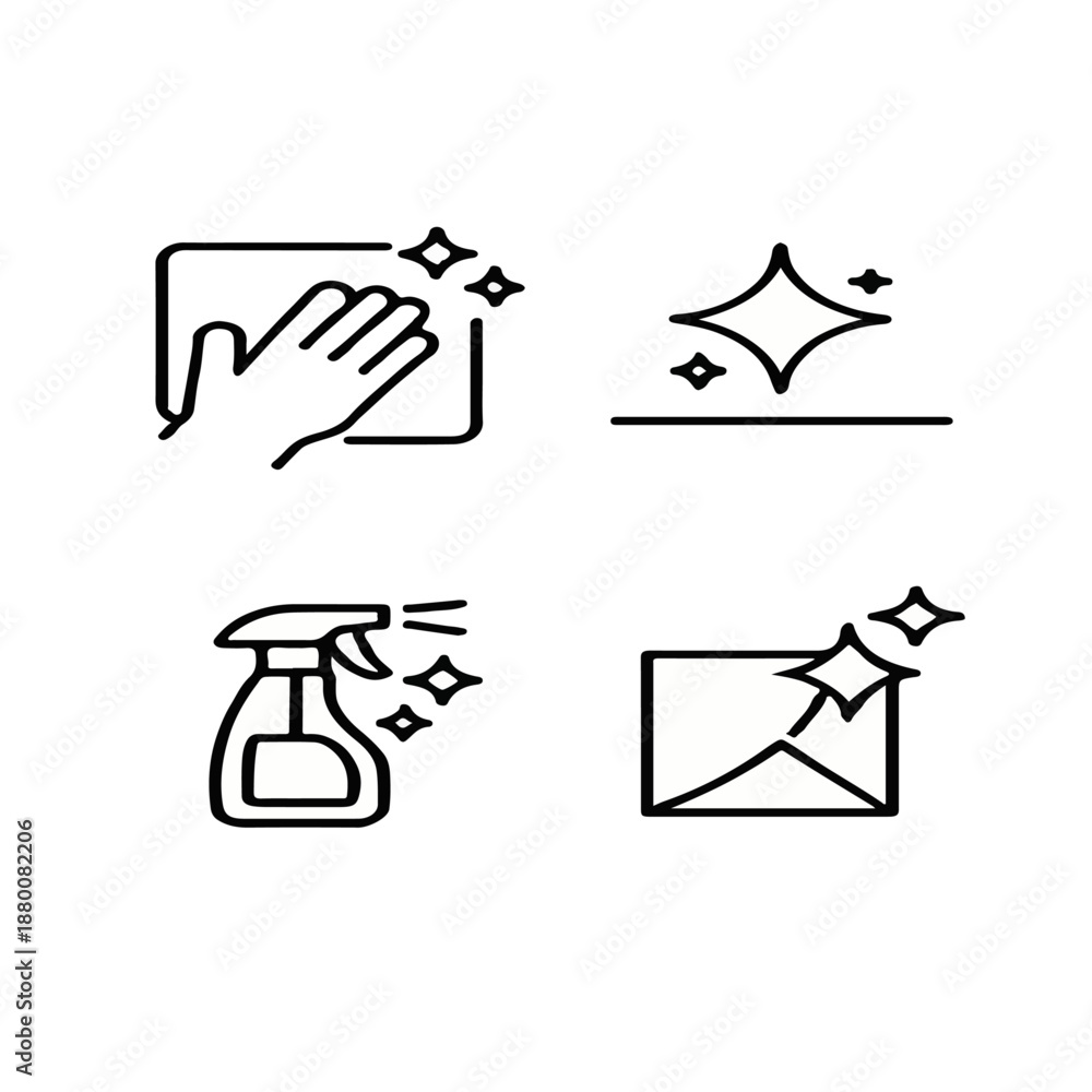 Obraz premium Cleaning Line Icons Set: Hand Wiping, Sparkles, Spray Bottle and Surface Cleaning Symbols in Minimal Outline Style for Hygiene and Maintenance 