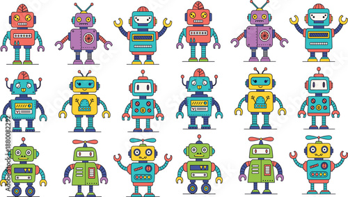 Colorful cute robot character set with different designs and expressions, modern cartoon technology collection flat vector illustration
