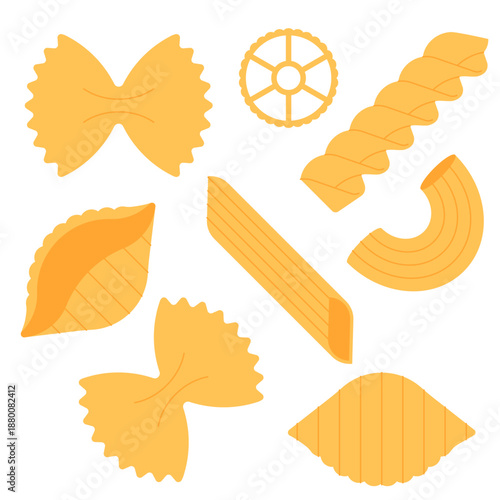 Italian pasta shapes assortment scattered on white background. Farfalle, penne, fusilli, ruote, conchiglie and macaroni. Simple food vector illustration.