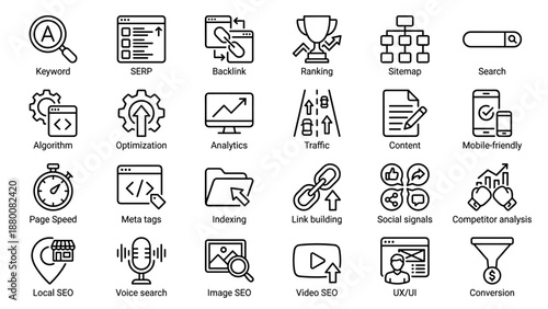 SEO line icons set. Search engine optimization symbols. Digital marketing strategy. Web analytics. Ranking, keyword, backlink, sitemap. Linear pictogram collection for web design.