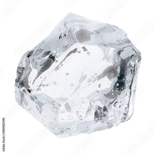 Clear Ice Cube Resting on a Flat Surface With Bubbles and Sharp Edges Visible