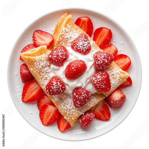 Dessert Made of Fried Dough, Strawberries, Cream, and Toppings on a White Plate