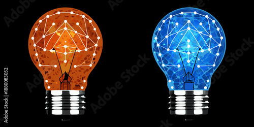 image of two light bulbs with orange and blue colors and network connections