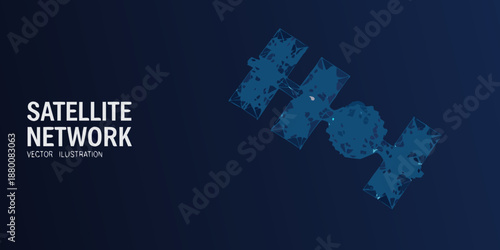 Satellite network illustration with abstract polygonal design and dark blue background