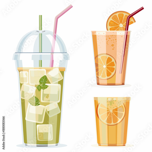Refreshing summer drinks with ice orange slices and colorful straws illustrated