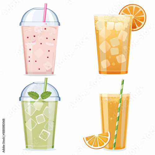 Four refreshing drinks in plastic cups with straws and fruit slices