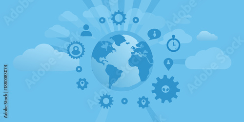 Global network connectivity earth surrounded by communication icons and gears