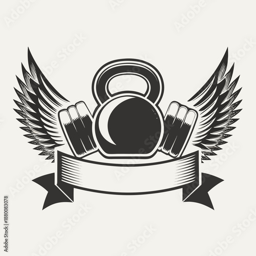 Vintage style kettlebell emblem with wings and ribbon banner design