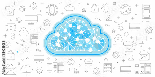 Cloud computing network infrastructure with connection points and data security icons