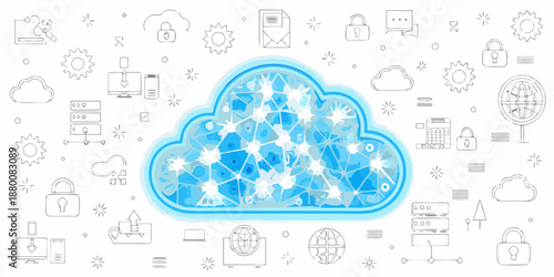 Cloud computing security with network connections and data protection icons