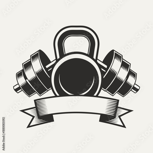 Vintage fitness emblem featuring kettlebell dumbbells and a ribbon banner design