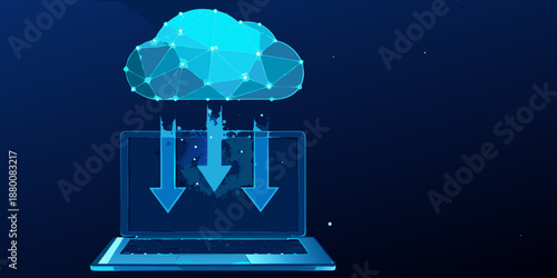 Digital cloud data transfer to a laptop computer with blue glowing arrows