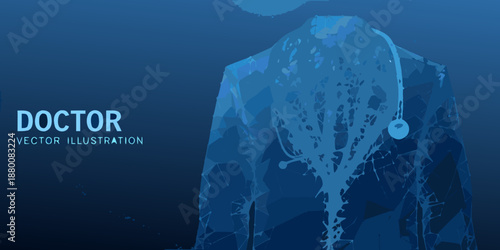 A polygonal illustration of a doctor wearing a suit and stethoscope