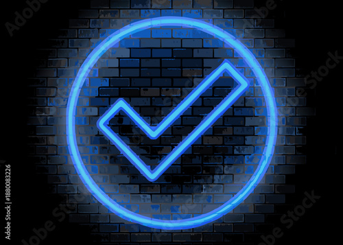 Neon blue checkmark inside a circle on a dark brick wall background