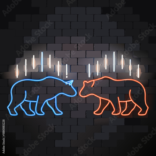 Neon bear silhouettes face off against a dark brick wall with light effects