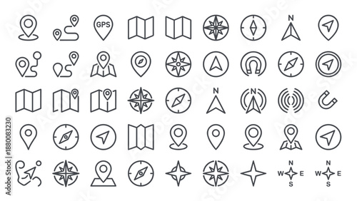 Map navigation compass vector line icon set. Minimalist GPS location pin route symbols. Travel direction planning. Geography destination markers folded map. Magnet north simple UI kit.