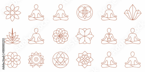 Collection of minimalist line art icons depicting meditation spirituality and floral designs