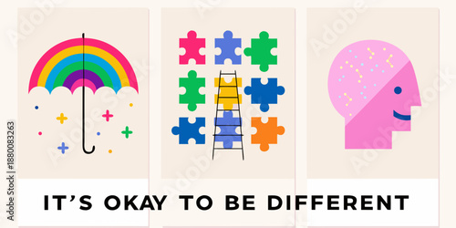 Celebrating neurodiversity rainbows puzzles and a smiling mind represent acceptance