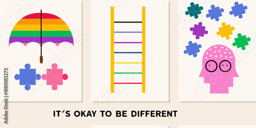 Colorful icons representing diversity including a rainbow umbrella and puzzle pieces