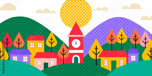 A vibrant illustration depicting a colorful village nestled among rolling hills