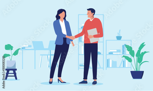 Deal and agreement handshake - Two professional business people, man and woman shaking hands in office work setting while smiling and being friendly. Flat design vector stock illustration