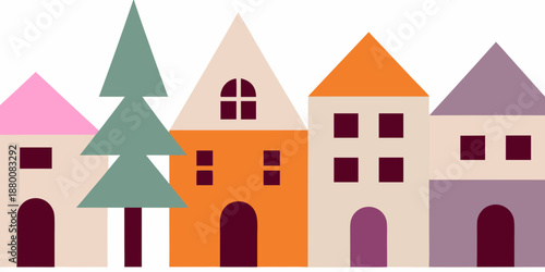 Colorful stylized illustration of simple houses and evergreen trees