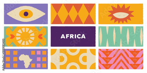 A colorful grid featuring stylized eyes suns patterns and the word africa