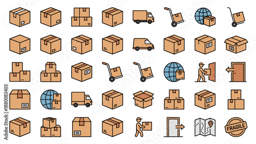 Vector set of moving boxes and delivery line icons. Logistics, shipping and cargo symbols. Cardboard box, truck, van, hand truck, global transport. Warehouse distribution package.