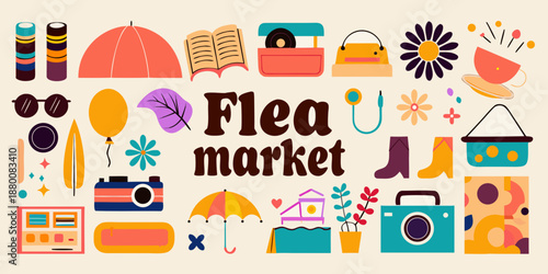 Colorful illustration showcasing various items found at a lively flea market