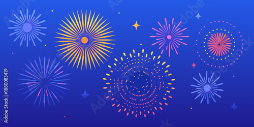 Colorful fireworks display with vibrant bursts and sparkling trails against a blue backdrop