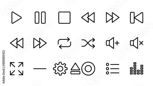 Multimedia player controls line icons set. Minimalistic UI buttons. Music video interface. Play pause stop volume signs. Digital media app symbols. Clean outline vector graphics.