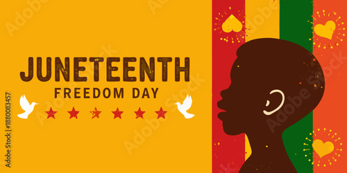 Juneteenth freedom day illustration with a silhouette profile and symbolic hearts