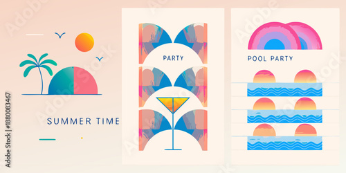 Colorful summer themed illustrations with palm trees cocktails and pool scenes