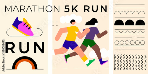 Marathon and 5k run illustration featuring a runner in vibrant colors