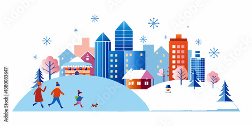 Winter cityscape with family enjoying snowy day and festive buildings
